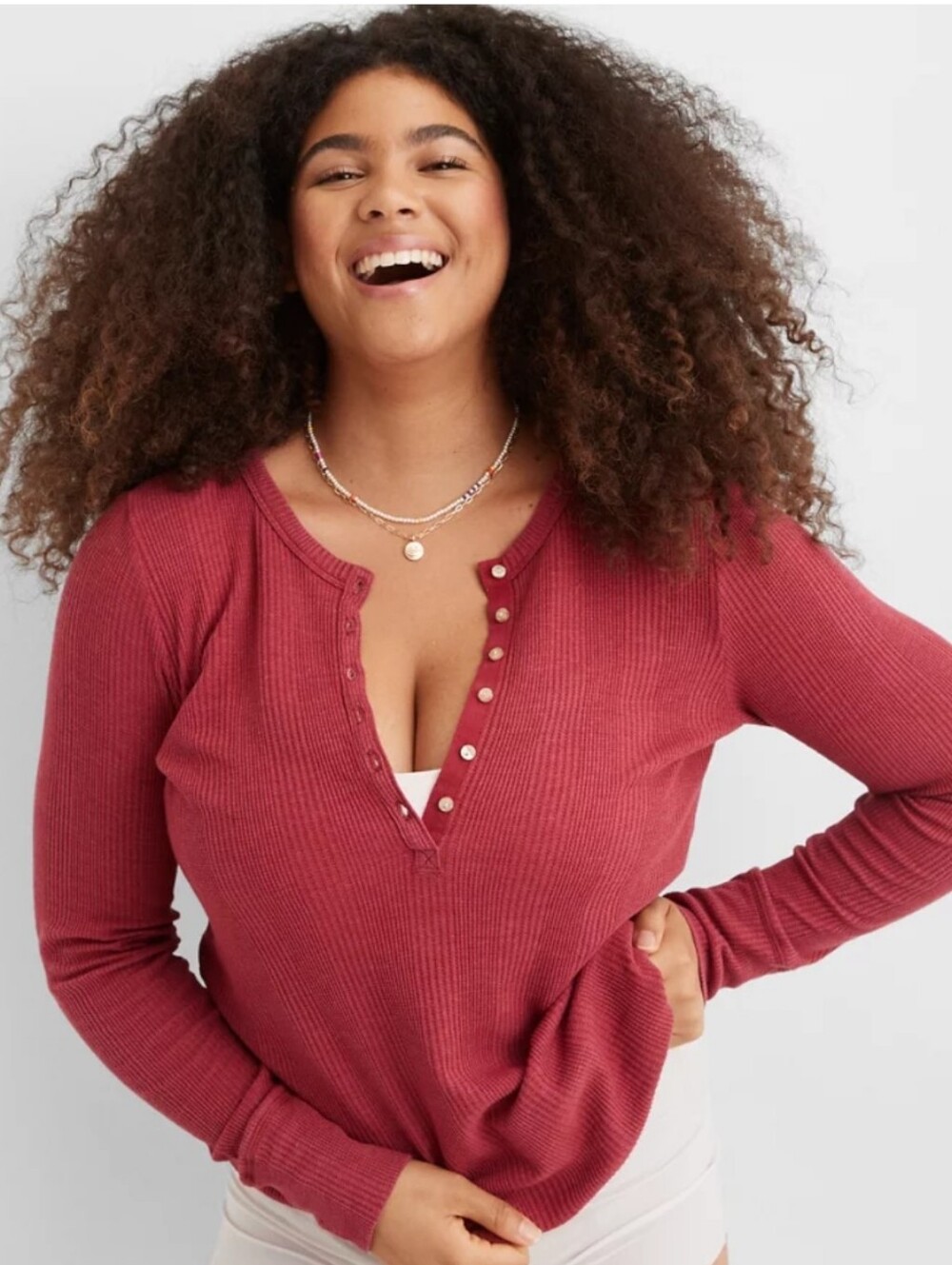 Aerie Waffle Rib Long Sleeve Henley T-Shirt in Moroccan Red, Size XL
